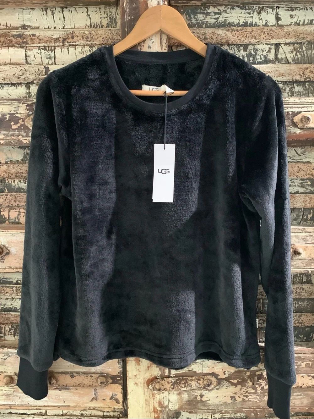UGG Black Plush Fleece High Pile Dbl Face Crewneck Long Sleeve Top Sweatshirt, S - Picture 1 of 9